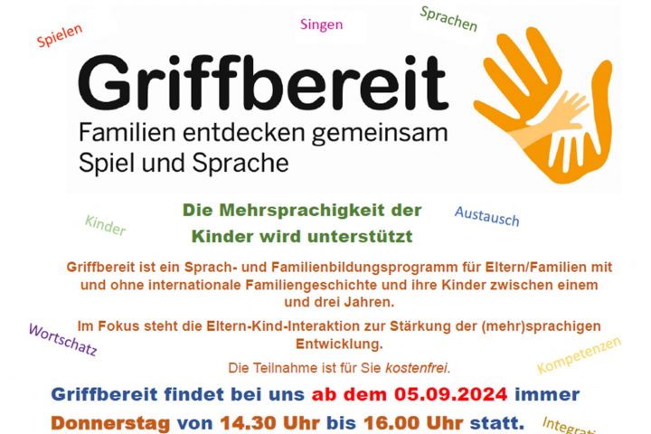 Sprach- und Familienbildungsprogramm „Griffbereit“ ab September (jeden Donnerstag) in der AWO Kita Ratheim 1
